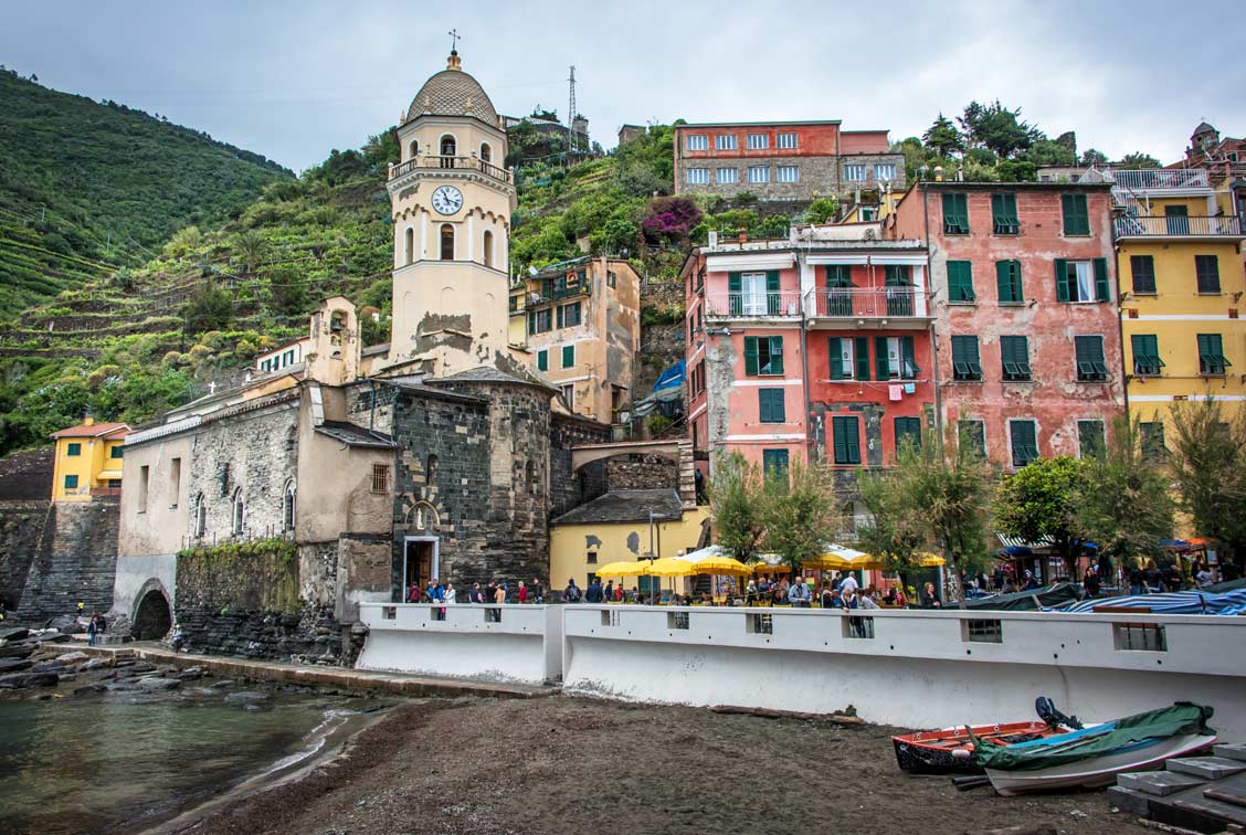 One of the Cinque Terre towns on the coast, the fishing village of Vernazza, Italy, at low tide.